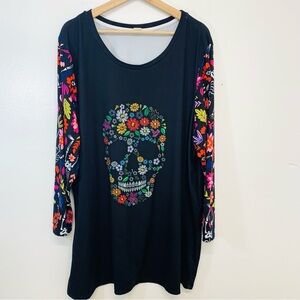 Nanu Skull Top Woman 3X  Black Floral Jersey Knit Long Sleeve Boho Witchy Goth